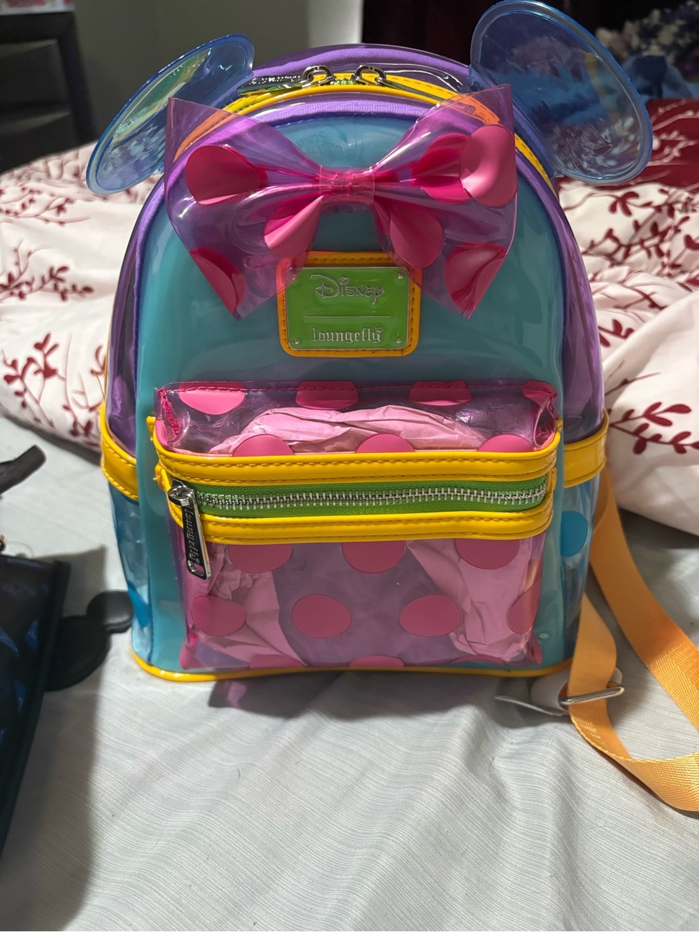 Loungefly Clear Minnie Ear Mini Backpack in Turquoise, Purple, Pink and Yellow